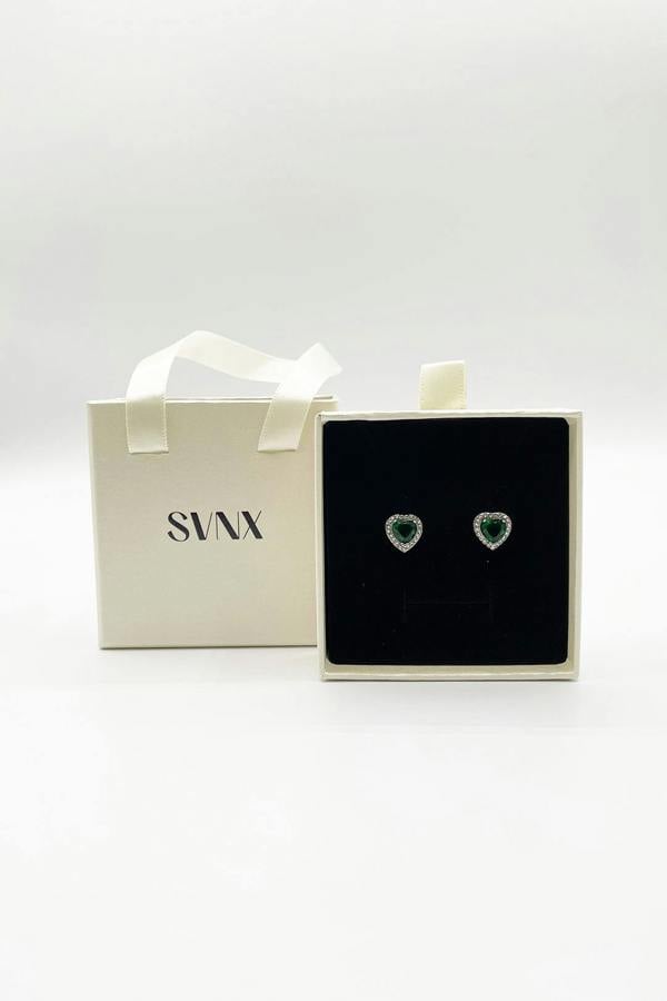 SVNX Emerald Green Diamante Heart Earrings in Silver - Gift Boxed