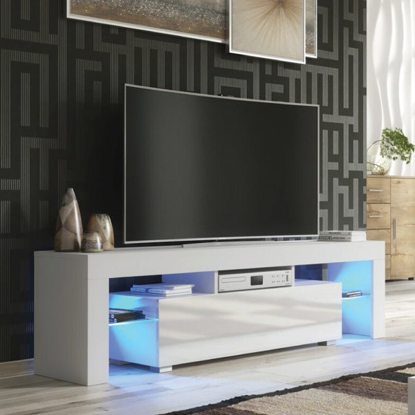 Mex Furniture Chic 160cm TV Unit – Modern TV Stand Cabinet with White High Gloss Doors and Free LED