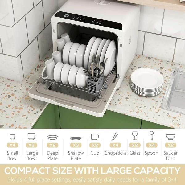 White countertop dishwasher with open door showing stacked plates and utensil rack