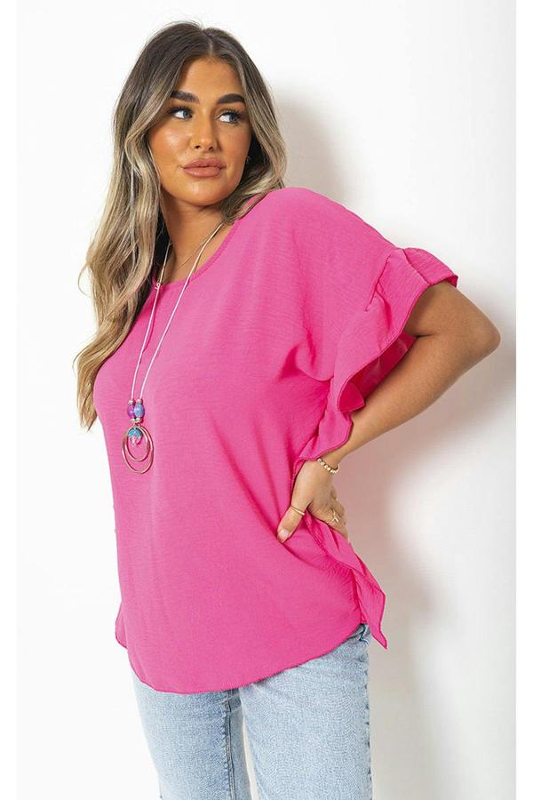 Vienna Frill Sleeve Top With Chain - Fuschia