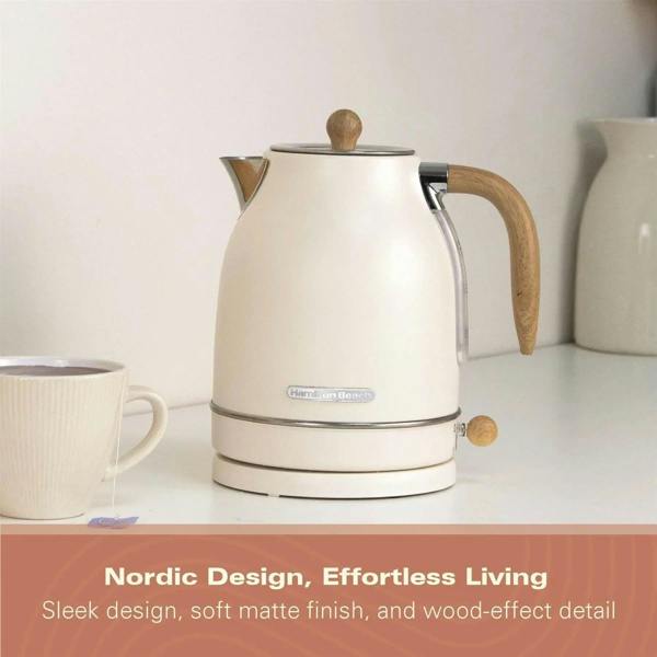 Hamilton Beach Scandi 1.7L Jug Kettle - Matte Cream with Wood Effect