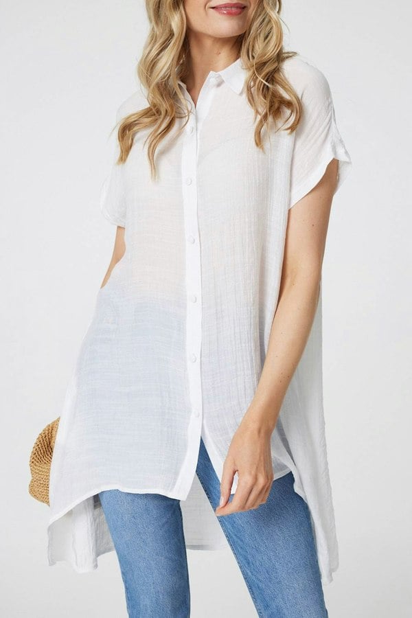 White | High Low Longline Button-Up Shirt