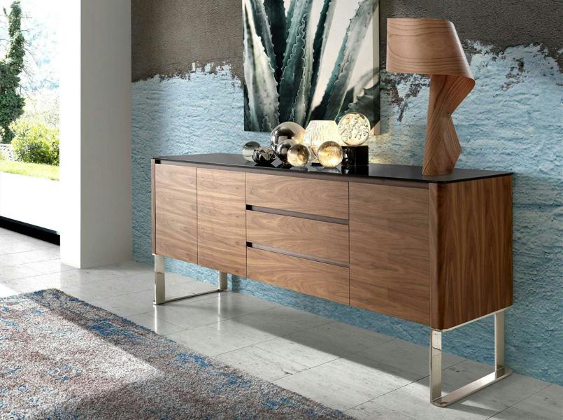 Angel Cerdá Sideboard Walnut, Chrome-plated Steel and Black Glass Top 3060