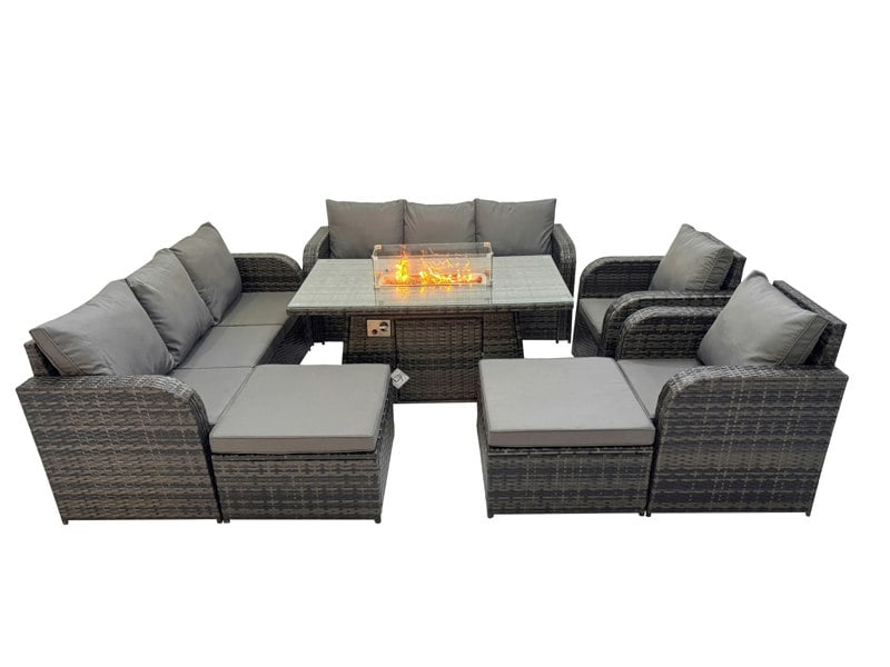 Fimous Garden Outdoor Rattan Furniture Set Rattan Reclining Chair 3 Seater Sofa with 2 Big Stools 2 Side Tables Dark Grey Mixed