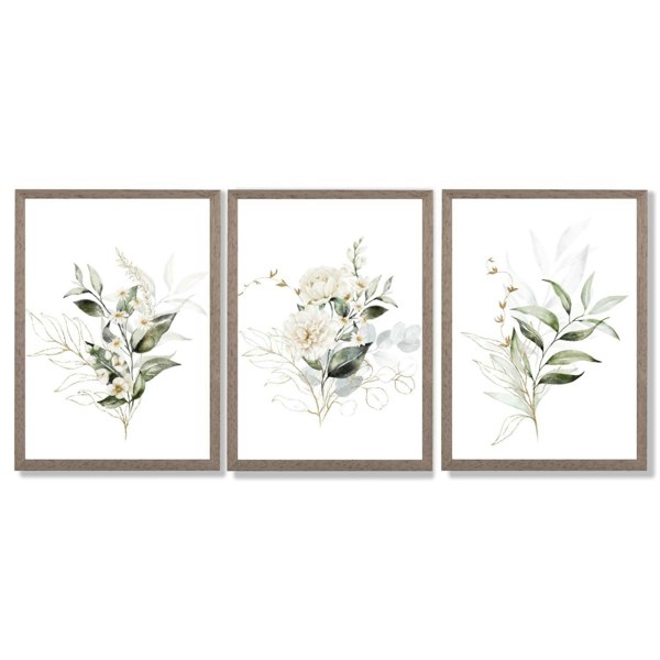 White an Green Floral Bouquets Set of 3 Framed Art Prints with Light Walnut Frames