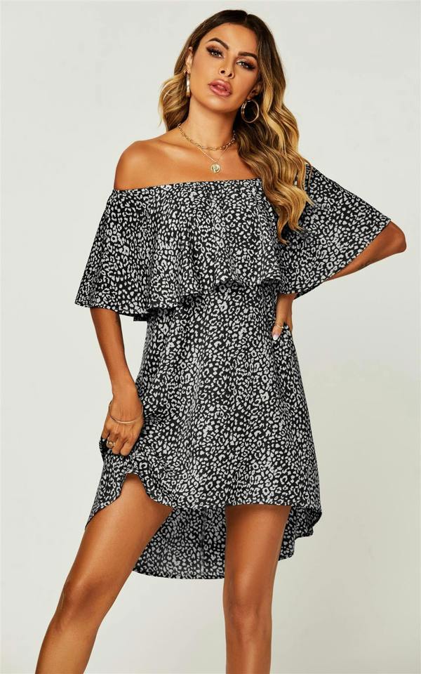 FS Collection Leopard Print Bardot Frill Off Shoulder Mini Dress In Black