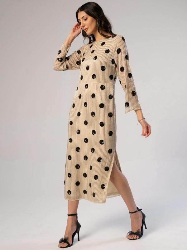 Rose & Nancy Merrin Ivory Polka Dot Hand Beaded Midi Dress