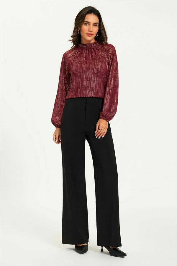 FS Collection Gold Stripe Foil Long Sleeve Frill High Neck Top In Wine
