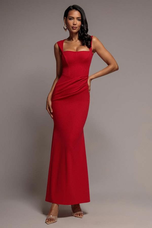 Sleeveless Waist Pleated Scuba Crepe Maxi Dress - Red DR5291
