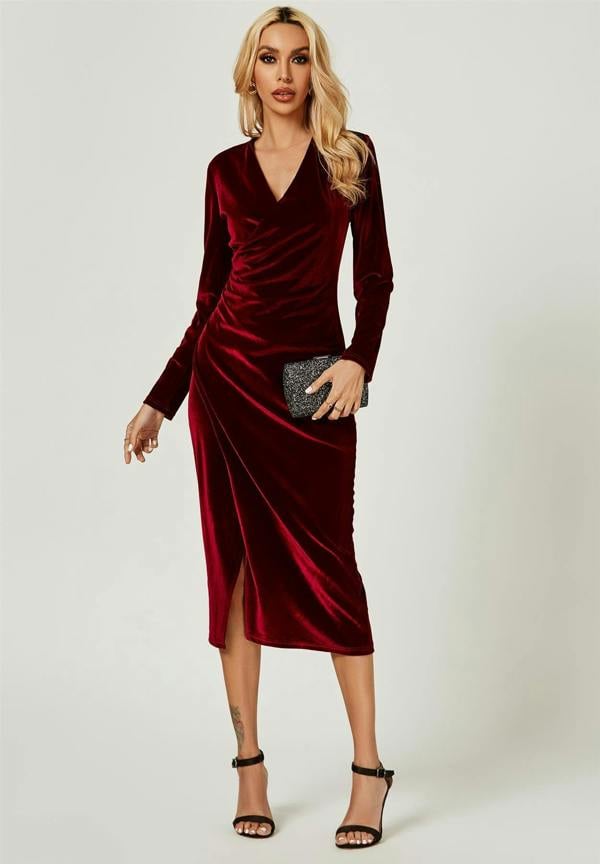 FS Collection Velvet Wrap Style Long Sleeve Midi Dress In Wine