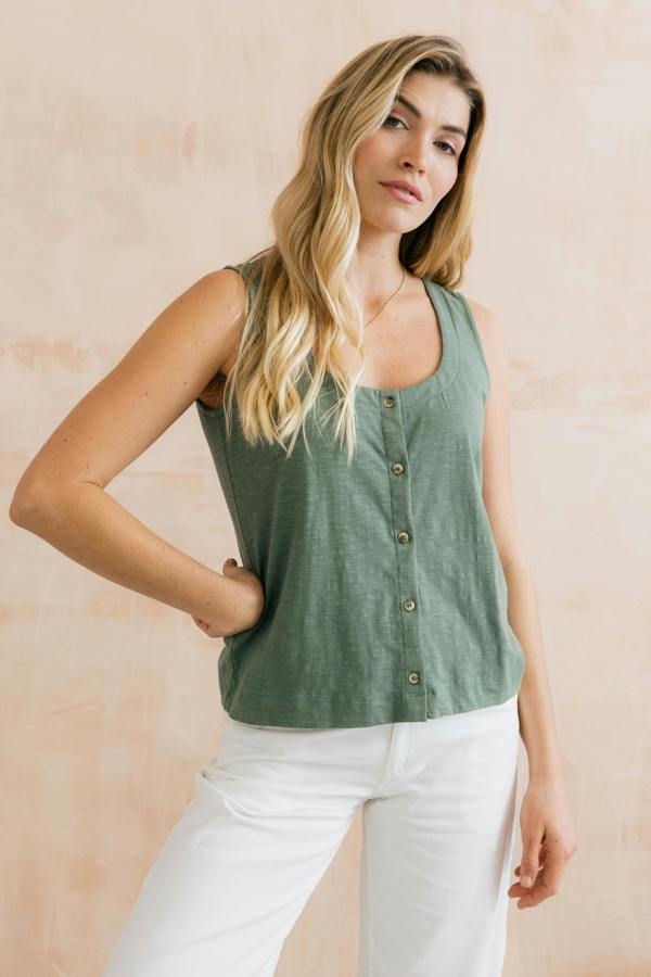 Pier Organic Cotton Jersey Button Vest Laurel Green
