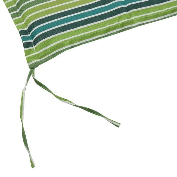 Green and teal striped cushion corner with attached tie ropes