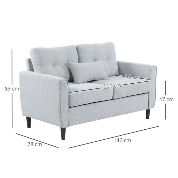 Light grey fabric two-seater sofa with tufted arms and three back cushions