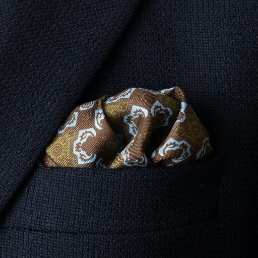 Otway & Orford 'Arabesque' tile design silk pocket square in brown, green & turquoise (42 x 42cm)