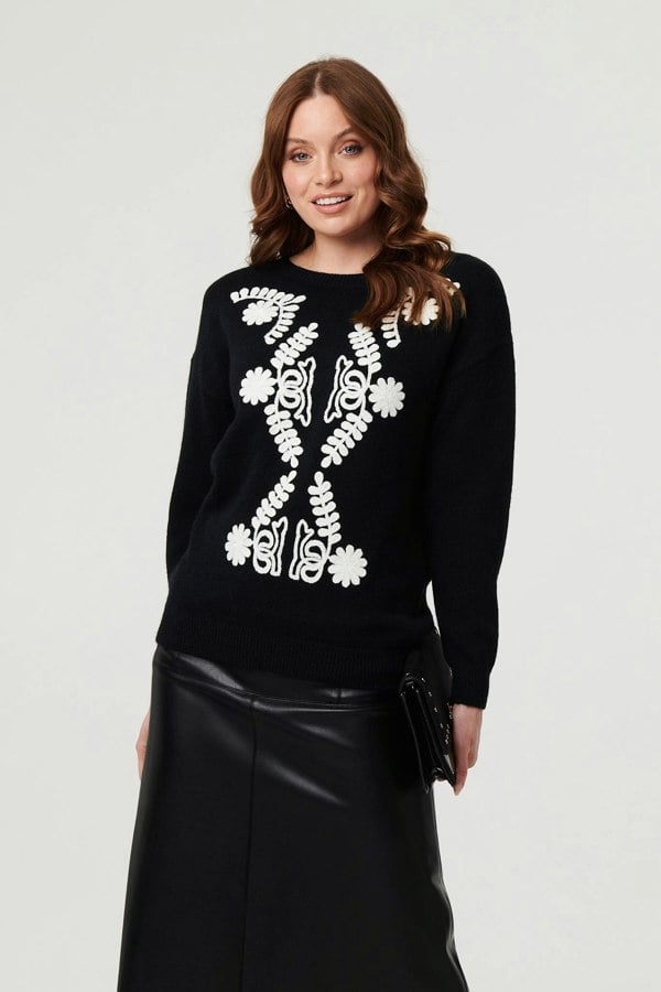 Black | Embroidered Print Drop Shoulder Jumper