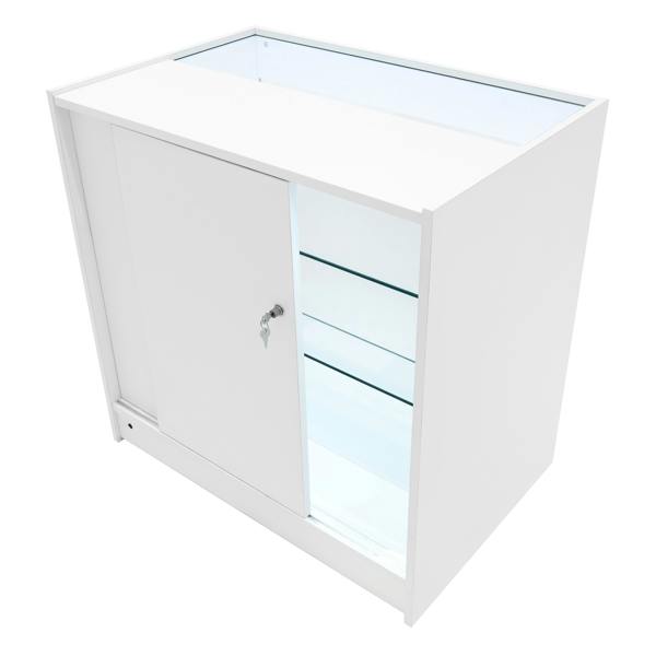 Polaris LED Shop Counter Set in white, featuring a sleek design, glass shelves, a lockable door, and integrated lighting for display