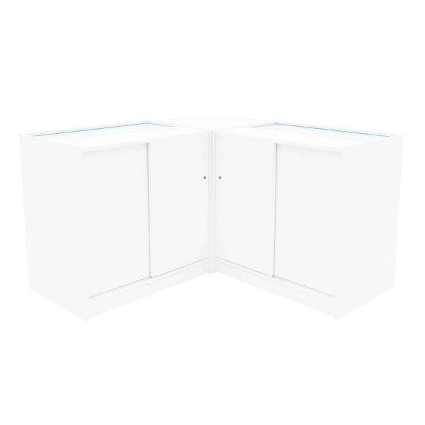 Hera LED Shop Counter Set in white features sleek, modern design with glass display tops and sliding doors for easy access