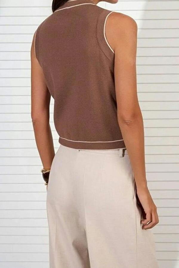 WOVCOR Crew Neck Color Block Knit Thin Blouse