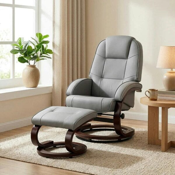 Swivel Recliner Chair with Footstool, PU Leather Recliner Armchair with Adjustable Back and Wood Frame, Grey - Grey