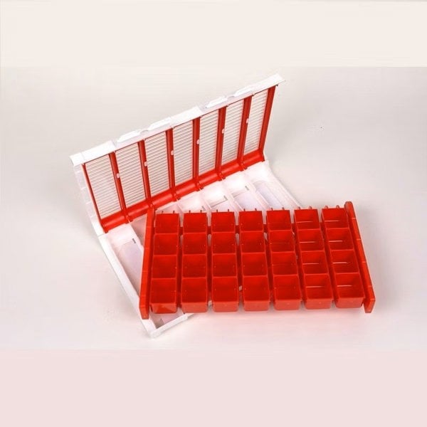 Pivotell Red Weekly Pill Organiser - 7 Day (28 compartments / 4 doses a Day) Pill Storage with an Innovative Easy to Open Roller Shutter