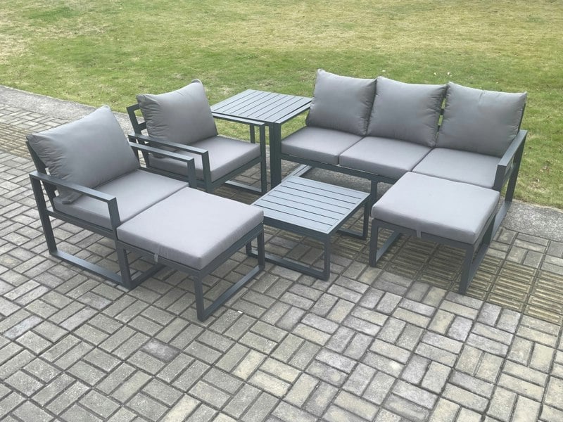 Fimous Aluminium Outdoor Lounge Sofa Set Garden Furniture Sets with Square Coffee Table 2 Chairs 2 Big Footstools Side Table Dark Grey 7 Seater