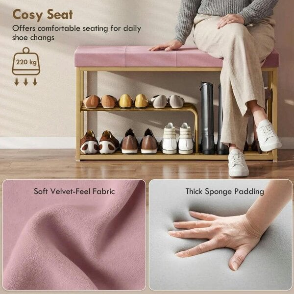 Bench and Shoe Storage, Tufted Shoe Storage Bench with Velvet Seat Cushion Gold Steel Frame for Entryway, Pink