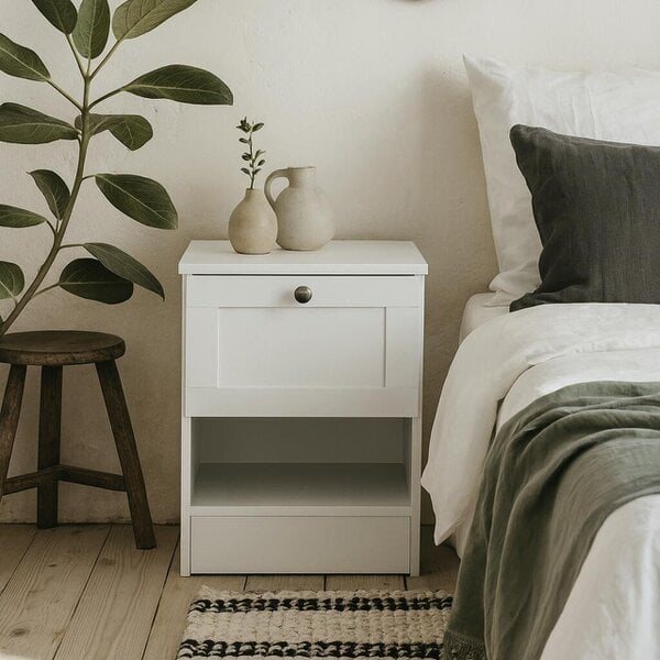 Wyld Haus Cherryfern White Wood Bedside Table 1 Frame Drawer 1 Open Shelf
