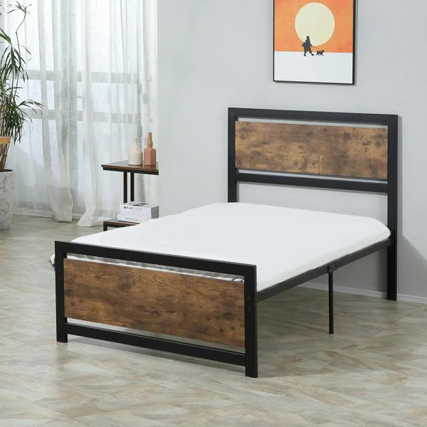 Single metal bed frame with headboard and footboard, rustic brown panel detail and black rails