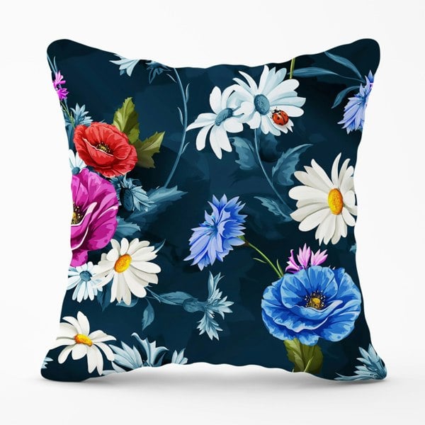 Warren Reed Poppy Flowers With Chamomile Blue Cushions