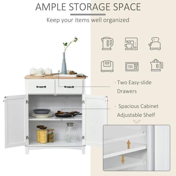White cabinet with light wood top, open doors, inner shelf, and two easy-slide drawers