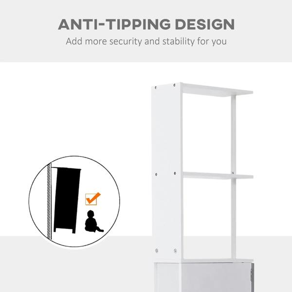 White tall bathroom cabinet with anti-tipping hardware and open upper shelves