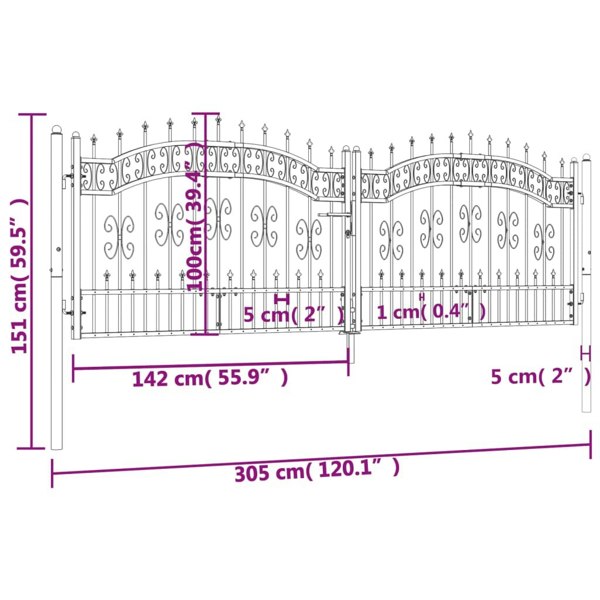 Berkfield Fence Gate with Spear Top Black 305x151 cm Powder-coated Steel
