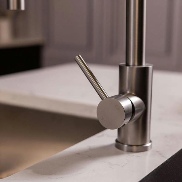 Flode Fjädra | Pull Out Kitchen Sink Mixer Tap | Spring Style Mixer Tap | Brushed Steel | Square Head