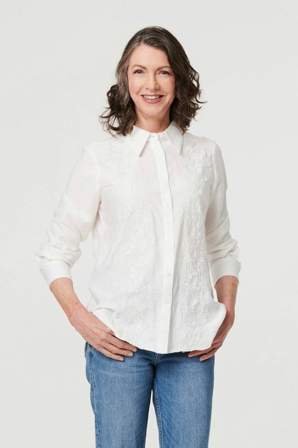 White | Floral Embroidered Long Sleeve Shirt
