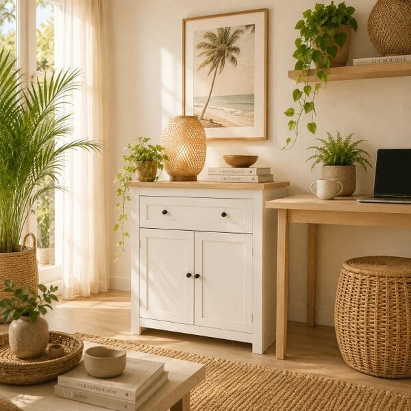 Wyld Haus Viso Wooden Cream White Modern Sideboard With Drawers Adjustable Shelves And Double Doors
