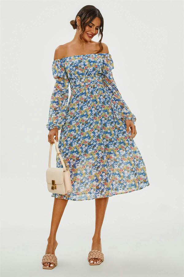 FS Collection Floral Print Long Sleeve Maxi Dress In Blue