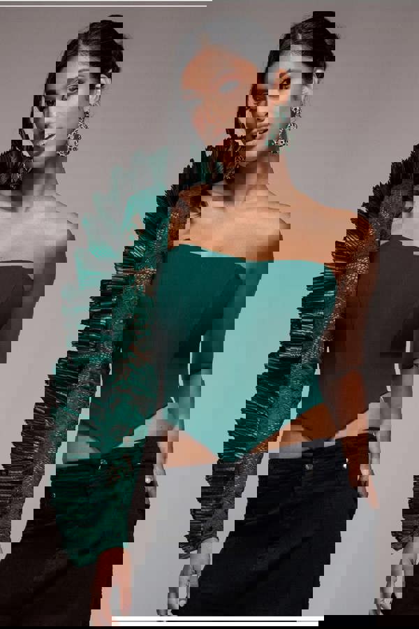 One Shoulder Fan Pleat Frill Corset Top - Emerald Green T232