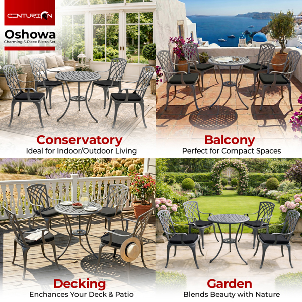 Centurion Supports OSHOWA Luxurious Garden and Patio Table and 4 Large Chairs with Armrests Cast Aluminium Bistro Set - Grey with Black Cushions