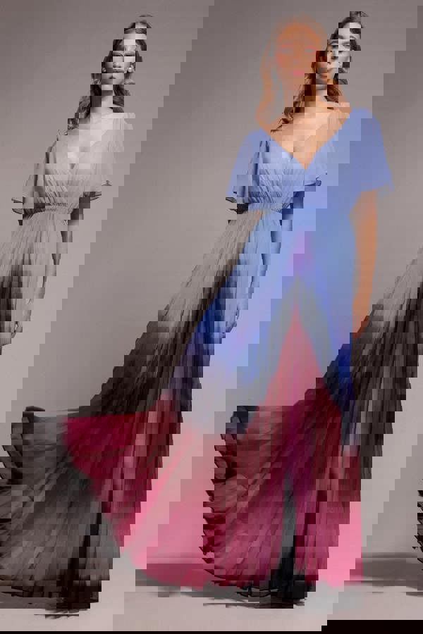 Wavy Ombre A-Line Chiffon Maxi Dress - Blue DR4207