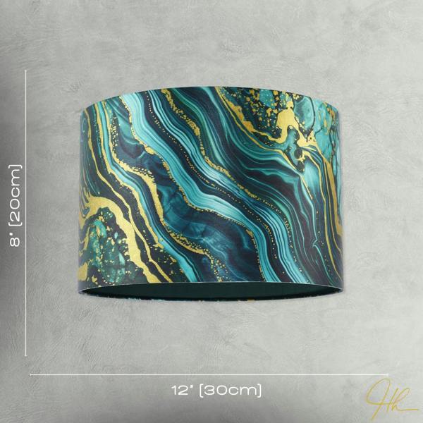 Modern Green and Gold Satin Fabric Lamp Shade with Wavy Marble Design Image 7
