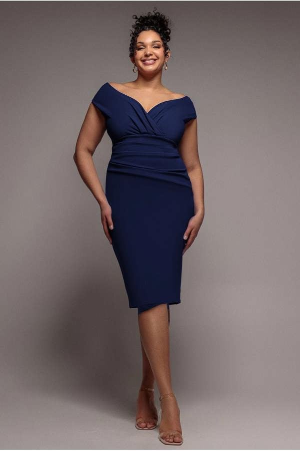 Goddiva Plus Scuba Bardot Pleated Midi Dress - Navy by Goddiva Plus