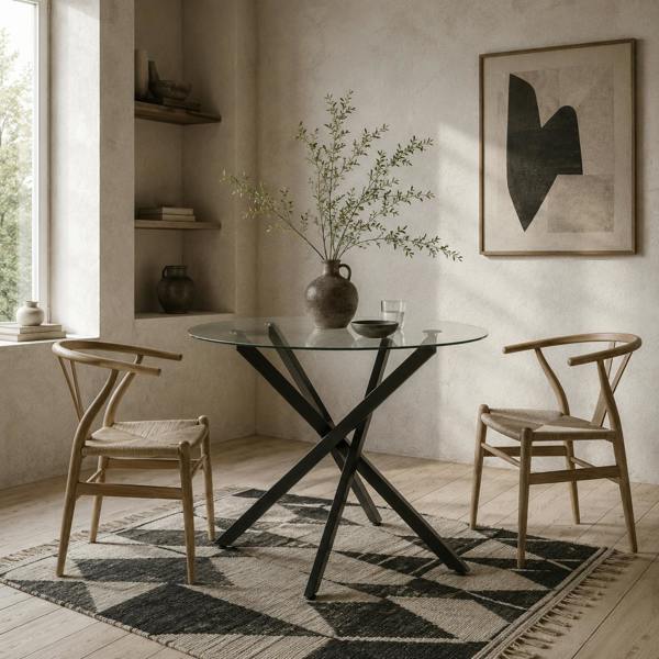 Wyld Haus Bama Metal Black Round Glass Dining Table With Clear Tempered Top For Living And Dining Rooms