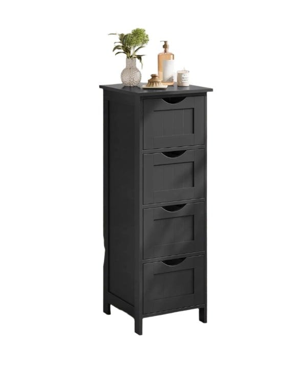 Modcraft Black Bathroom Floor Storage Cabinet – Freestanding Unit with 4 Drawers
