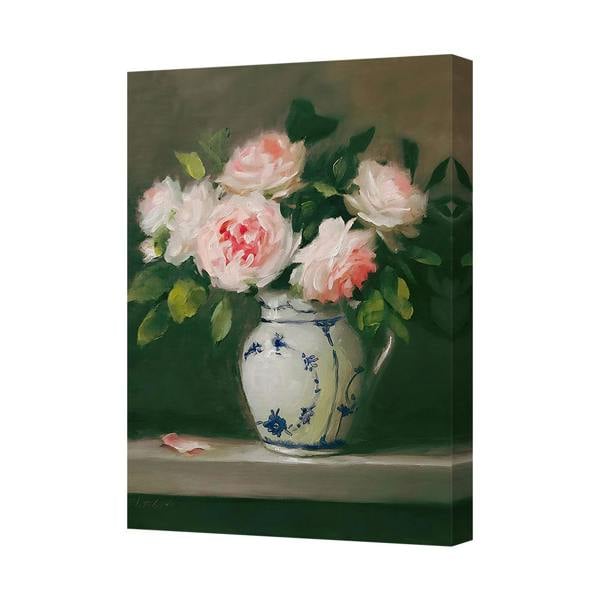 Benjamin Tate Design Floral Canvas Wall Art Pink Roses In Blue And White Vase Handmade UK Print On Deep Wooden Frame