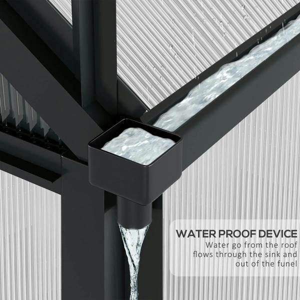 Grey greenhouse roof corner with drainage gutter channel and water-proof runoff feature