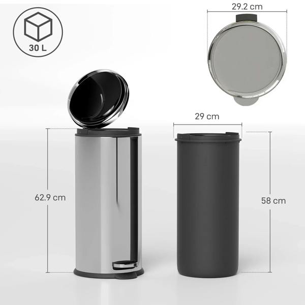 30L stainless steel pedal waste bin with dark inner bucket and black lid section