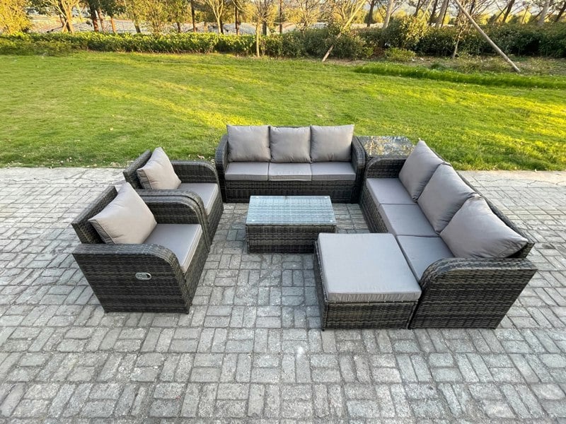 Fimous Rattan Outdoor Garden Furniture Sofa Set Patio Table & Chairs Set with 3 Seater Sofa Reclining Chair Big Footstool Side Table Dark Grey Mixed