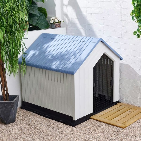 Large Blue-Top Plastic Dog House with Iron Door Living and Home