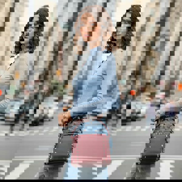 Kitise Studded Flap Crossbody Shoulder Bag Silver Tone Hardware