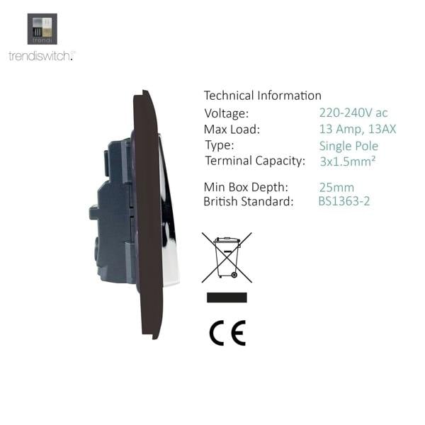 Trendi Switch 1 Gang 13 Amp Switched Plug Socket in Dark Mocha Brown